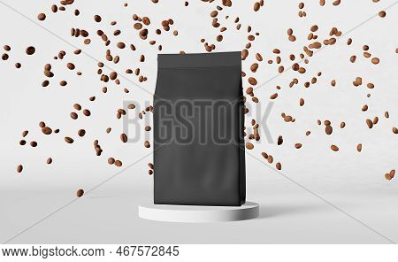Falling Coffee Beans On Empty Matte Podium White Background 3d Rendering. Place For Product Cup Pouc