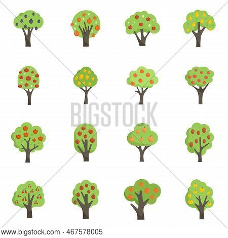 Fruit Tree Icons Set Flat Vector. Apple Garden. Tree Fruit Isolated