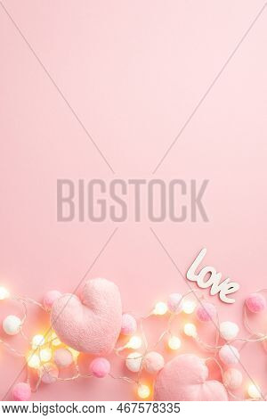 Saint Valentine's Day Concept. Top View Vertical Photo Of Soft Heart Shaped Toys Inscription Love Li