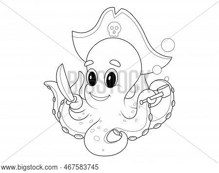 Isolated Character. A Child Octopus Pirate, In Tentacles Holds A Sword, A Pipe And A Pirates Pouch. 