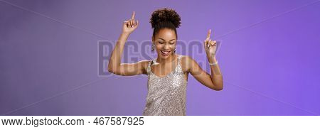 Good-looking Carefree African-american Girl Student Have Fun Prom Dancing Night Club Smiling Delight