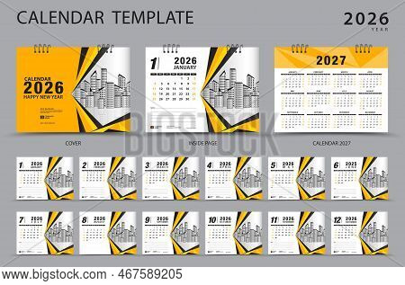 Calendar 2026 Template Set And 2027 Year, Set Of 12 Months, Desk Calendar 2026 Year, Wall Calendar 2