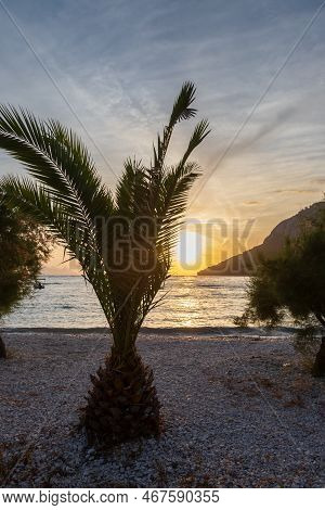 Seaside Landscape In The Sunset. Region Croatia - Duba - Europe. Sea, Boats And Sunset.