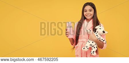 Kid Wear Soft Nightsuit Play With Toy. Child In Cozy Sleepwear. Skin Beauty. Sweet Dreams. Horizonta