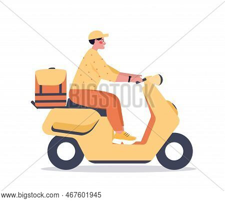 Delivery Scouter Icon. Courier With Briefcase On Vehicle And Transport. Online Shopping And Home Del