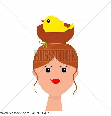 Portrait Of Woman. Bun Hairstyle. Bird Nest Red Hair. Young Girl Face. Beautiful Lady, Female. Front