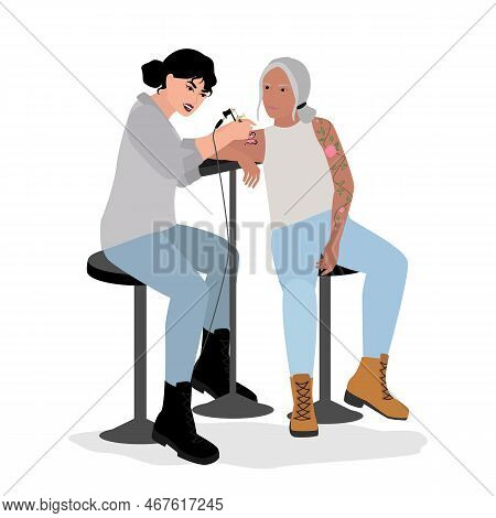 Older Woman Making Tattoo. Vector Illustration Of Cute Modern Granny Making Tattoo. Active Elderly. 