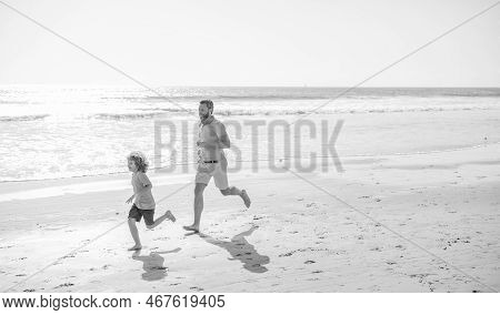 Daddy And Child Family Running On Summer Beach, Copy Space, Family Vacation
