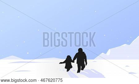 The Background Of Snow And A Pair Of Siblings Walking, The Clear Sky Makes It Look Beautiful