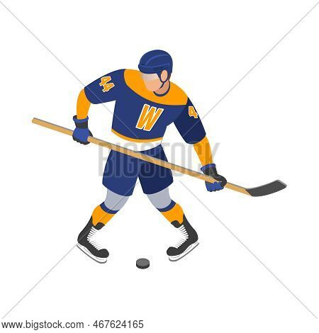 Ice Hockey Isometric Composition With Isolated Human Character In Uniform On Blank Background Vector