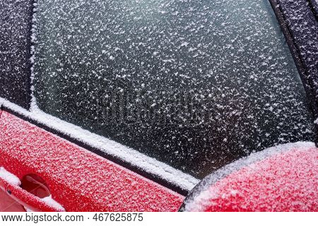 Ice Crust On The Car Window. Car Covered By Crusted From Freezing Rain In Winter. Winter Weather, Fr