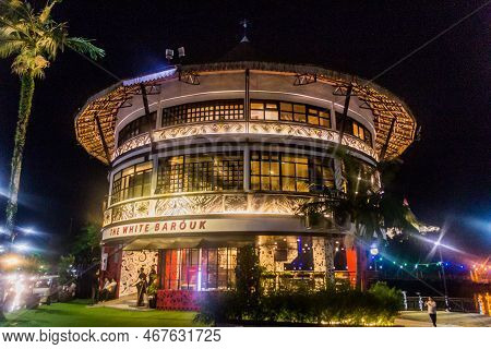 Kuching, Malaysia - March 6, 2018: The White Barouk Restaurant In The Center Of Kuching, Malays