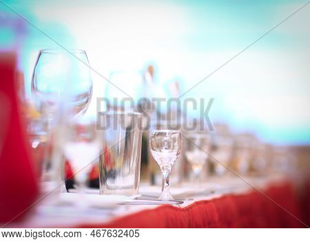 Close Up.glass Wine Glasses And Cups On The Table