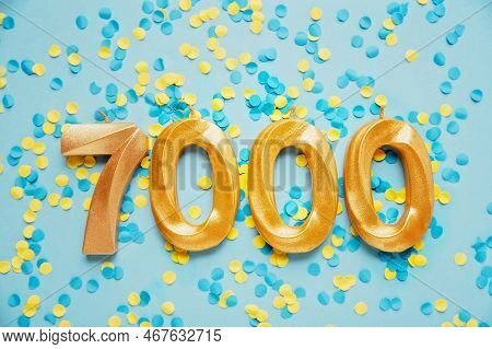 7000 Seven Thousand Followers Card. Template For Social Networks, Blogs. On Yellow And Blue Confetti