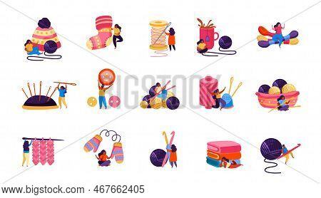 Set Of Isolated Knitting Flat Recolor Icons With Images Of Clews Needles Knitwear And Human Characte