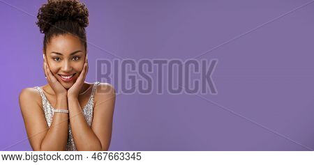 Close-up Amused Tender Romantic African-american Woman In Stylish Glittering Silver Evening Dress To