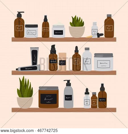 Composition With Organic Cosmetic Products In Bottles, Jars For Skin Care, Aloe Plant On Bathroom Sh