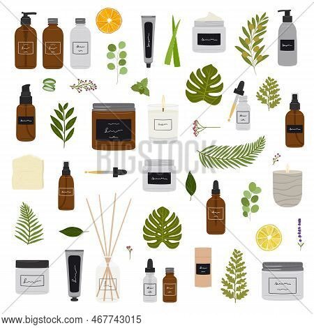 Set Of Organic Cosmetic Products In Bottle, Jar, Tube For Skin Care With Flower And Greenery. Cleans