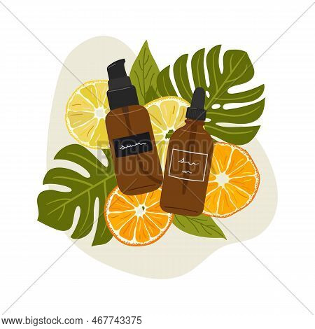 Composition With Organic Cosmetic Products In Bottles For Skin Care With Abstract Shape And Greenery