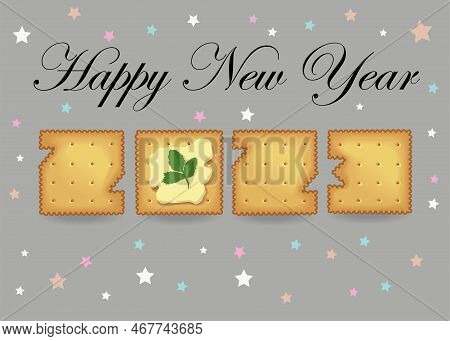 Cracker Number 2023. Artistic Yellow Number As Cookies With Butter And Green Perejil. Gray Backgroun