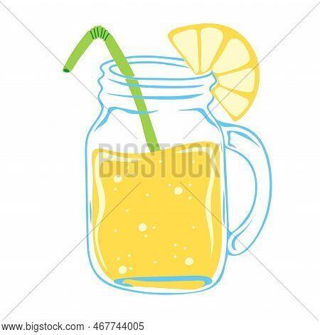 Glass Jar With Lemonade And Lemon Slice. Summer Drink. Vector Illustration