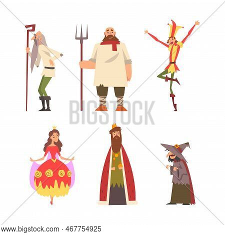 Medieval King In Mantle, Princess, Old Peasant Man With Cane, Jester And Witch Vector Set