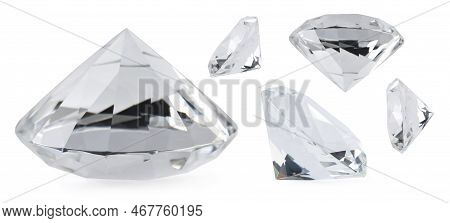 Set With Beautiful Dazzling Diamonds On White Background. Banner Design