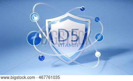 Vitamin D5 Symbol On A Shield With Orbits, Moving Atoms And Electrons, 3d Image