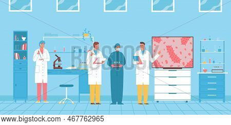 Scientists Are Conducting A Microbiological Scientific Conference In The Laboratory Flat Vector Illu