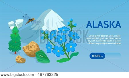 Alaska Travel Sightseeing Tours Online Isometric Webpage Banner With Sea Ice Mountain Icecap Sitka S