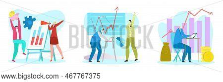 Stock Market, Mobile Landing Banner Vector Illustration. Man Woman Character Make Money Management O