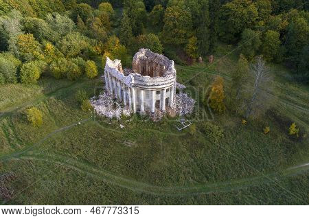 Ruins Of Ancient Trinity Church In Autumn Landscape (aerial View). Leningrad Region, Russia