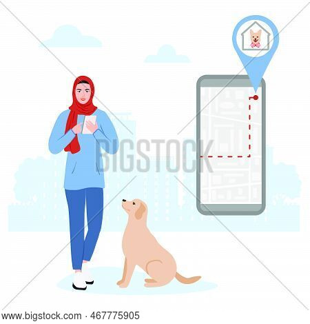 Vector Illustration Muslim Female Uses Application On Cell Phone For Search The Dog Shelter, Pet Hot