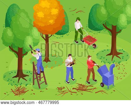 Garden Workers Background With Trimming Trees Symbols Isometric Vector Illustration