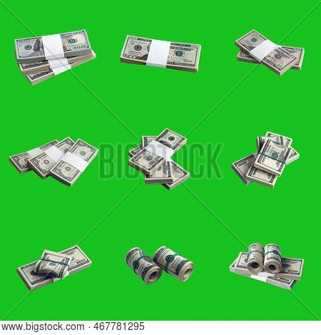 Big Set Of Bundles Of Us Dollar Bills Isolated On Chroma Key Green. Collage With Many Packs Of Ameri