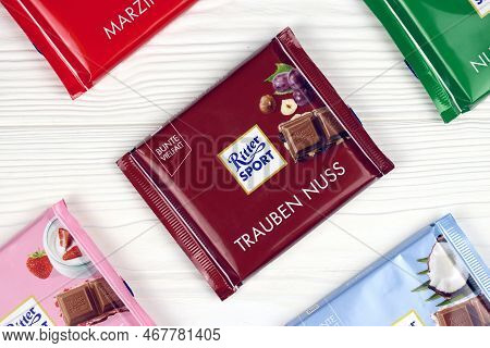 Kharkiv, Ukraine - December 8, 2020: Ritter Sport Chocolate Product. Ritter Sport Company Was Founde