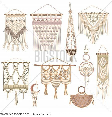 Macrame Style Objects Set Of Handcrafted Wall Hanging And Kashpo For Home Flowerpot Isolated On Whit