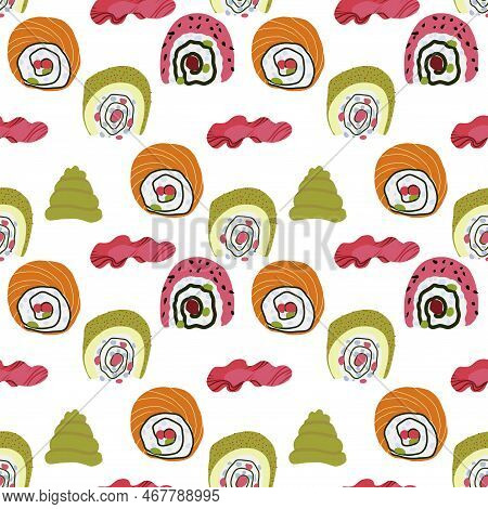 Vector Panasian Food Seamless Pattern With Asian Food Such As Japanese Sushi, Lotus Roots, Gingers, 