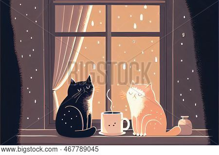 Two Cats, A Red And A Black One, Are Sitting At The Window Of The House During A Snowfall. They Arra