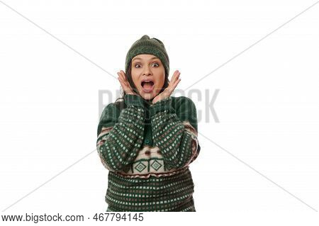 Attractive Beautiful Brunette, Surprised Woman, Expressing Stupefaction, Astonishment And Surprise, 