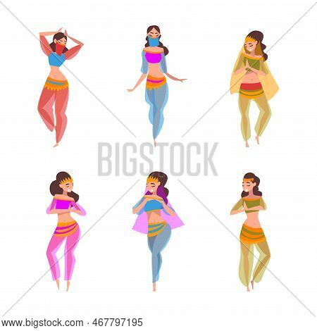 Beautiful Eastern Woman Dancing Belly Dance Vector Set