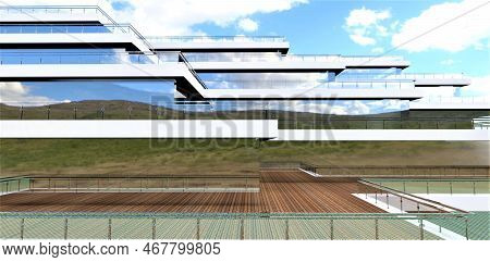 Empty Terrace Of A Multi-level Luxury Hotel. Huge Mirrored Windows Along The Entire Facade. Glass Ra