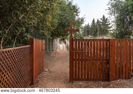 Hararit, Israel, October 28, 2022 : Wooden Fence Around The Cave Church - Lavra Netofa Monastery, Ne