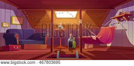 Cozy Room On Attic With Hammock, Sofa And Window In Roof. Vector Cartoon Interior Of Mansard For Rel