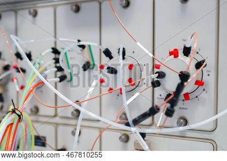 Close Up Of Liquid Phase Chromatography System, Tubes And Hoses. Chemistry, Science, Pharmaceutical 