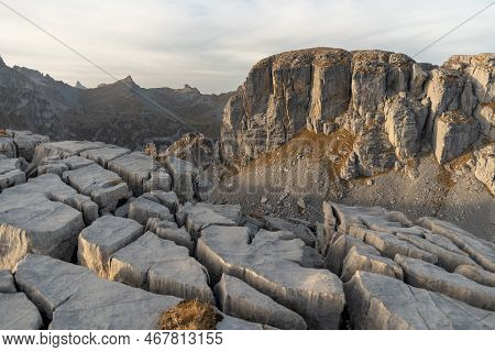 Klausenpass, Uri, Switzerland, October 29, 2022 Fascinating Rock Shapes In The Alps At The Balmer Gr