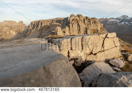 Klausenpass, Uri, Switzerland, October 29, 2022 Fascinating Rock Shapes In The Alps At The Balmer Gr