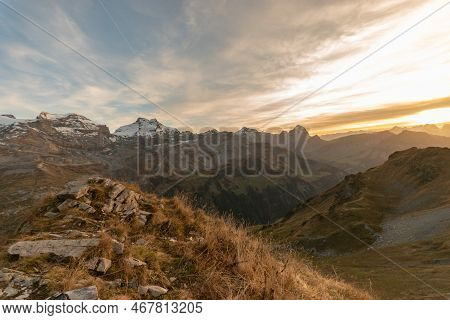 Klausenpass, Uri, Switzerland, October 29, 2022 Sunset With An Incredible Beautiful Alpine Panorama 