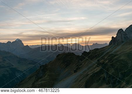 Klausenpass, Uri, Switzerland, October 29, 2022 Sunset With An Incredible Beautiful Alpine Panorama 