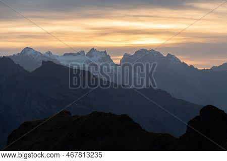 Klausenpass, Uri, Switzerland, October 29, 2022 Sunset With An Incredible Beautiful Alpine Panorama 